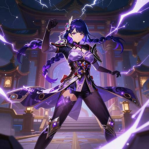 Digital anime artwork of a fierce, purple-haired woman in elaborate black and purple armor, surrounded by glowing purple lightning, standing confidently in a grand, illuminated