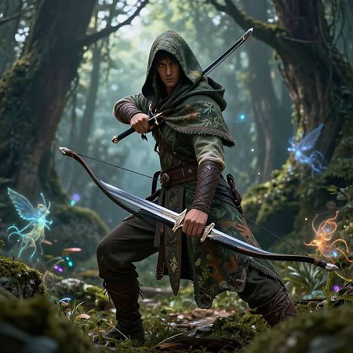 Digital fantasy artwork of a hooded archer in a mossy forest, drawing a glowing bow with ethereal blue and orange butterflies.