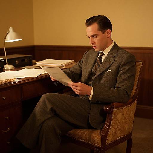 Photograph of a serious, dark-haired man in a gray suit and striped tie, reading papers at a wooden desk with a lamp, in a warmly