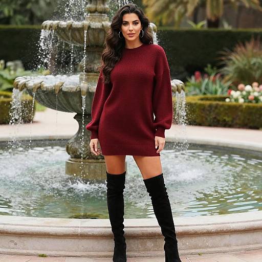 Chic Woman Beside Botanical Fountain