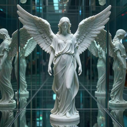 Photograph of a white marble angel statue with large wings, draped in flowing robes, displayed in a glass case with reflections.