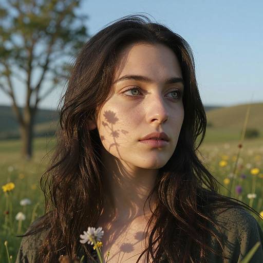 Photograph of a young woman with long dark hair, green eyes, and fair skin, standing in a sunlit meadow with wildflowers, shadows