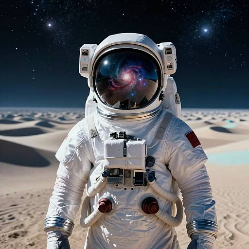 Photorealistic digital image of an astronaut in a white spacesuit with reflective visor, standing on a starry lunar landscape.