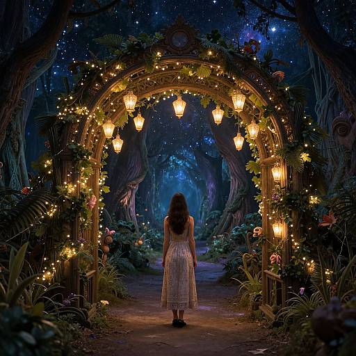 Dreamy night scene: a woman in a white dress stands under a glowing, lantern-adorned wooden archway in a magical forest, surrounded by