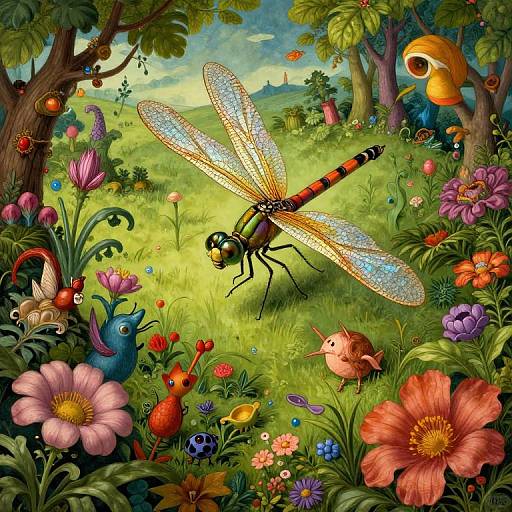 Surreal Dragonfly in Enchanted Garden