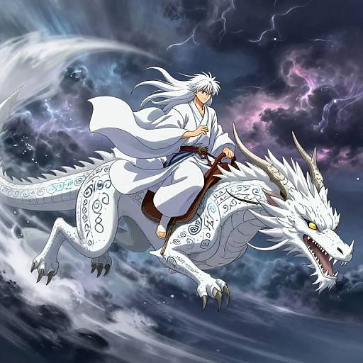 Anime-style digital illustration of a white-haired warrior in a white kimono riding a white, ornately patterned dragon through a stormy, lightning-filled