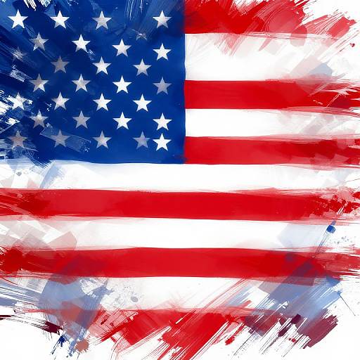 Abstract digital painting of the American flag with bold, brushstroke textures; blue field with white stars, red and white stripes.