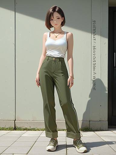 Photograph of a young Asian woman with short black hair, wearing a white tank top, green high-waisted pants, and white sneakers, standing