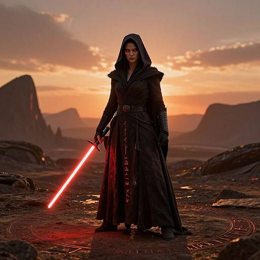 Photograph of a dark-robed, hooded woman holding a glowing red lightsaber, standing on a rocky, sunset-lit planet with jagged