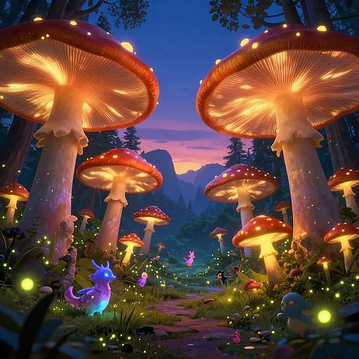 Fantastical forest scene at twilight, featuring glowing, giant red-orange mushrooms with firefly-like lights, surrounded by fairy-like creatures and luminescent
