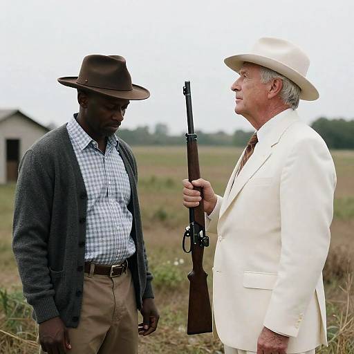 Two Men Outdoors with Rifle in Field