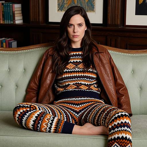 Photograph of a woman with long dark hair, wearing a brown leather jacket and colorful zigzag-patterned knit dress and pants, sitting cross-legged on