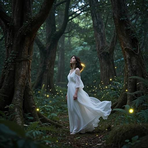 Photograph of a woman in a flowing white dress, surrounded by glowing fireflies, standing in a dark, enchanted forest.