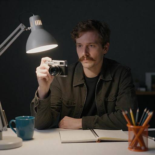 Serious Photographer at Desk with Camera