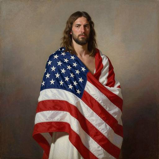 Photograph of a bearded, long-haired man with a serious expression, draped in an American flag, against a muted, textured background.