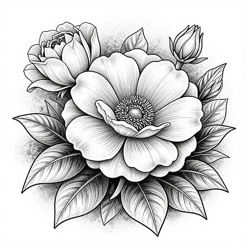 Black and white ink drawing of a detailed, blooming flower with large petals, surrounded by leaves and buds. Realistic, intricate linework.