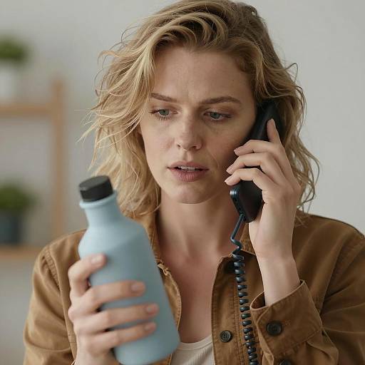Woman Examining Bottle While Talking on Phone