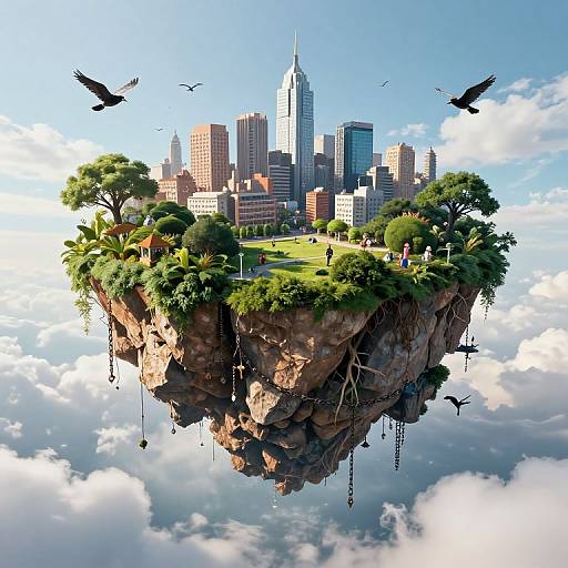 Digital illustration of a floating cityscape with lush greenery, tall buildings, and birds, hovering above fluffy clouds, featuring a reflective rock base.