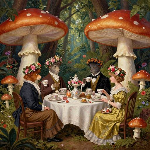 Victorian-style painting of four anthropomorphic animals with flower crowns, dining under giant red-and-white mushrooms in a lush forest.