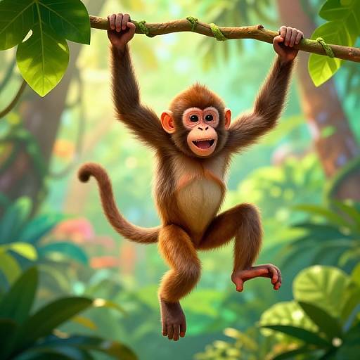 Digital illustration of a cute, brown and beige monkey with large eyes, hanging from a branch in a vibrant, sunlit jungle.