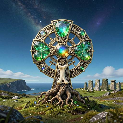 Photorealistic digital art: ornate Celtic cross with glowing green and blue gemstones, rooted in earthy terrain, against a vibrant blue sky with