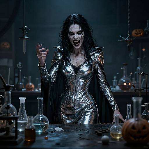 Photograph of a dark-haired woman in a shiny, silver, V-neck bodysuit, standing in a dimly lit laboratory, with lab equipment