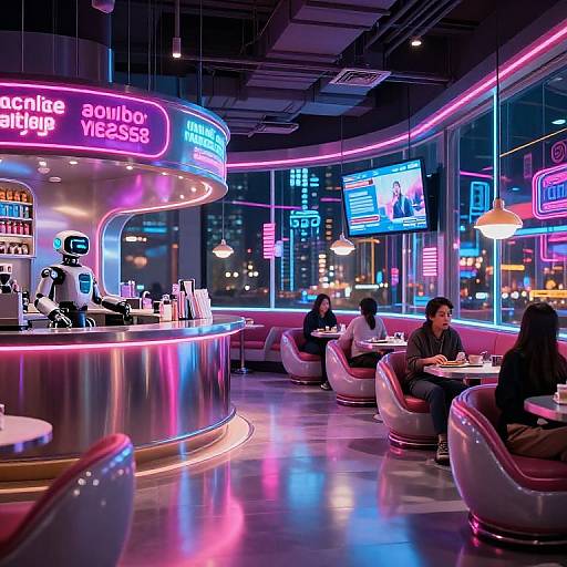 Neon-lit, futuristic diner with curved bar, glowing signs, and pink-purple lighting. Four people sitting at retro-style chairs, cityscape visible