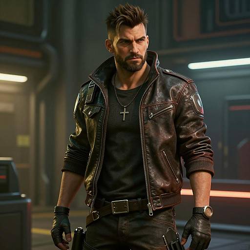Rugged Man in Cyberpunk Leather Jacket
