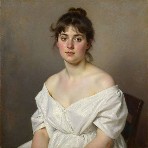 Classical painting of a young woman with fair skin, dark brown hair in a loose bun, wearing an off-shoulder white dress, seated against