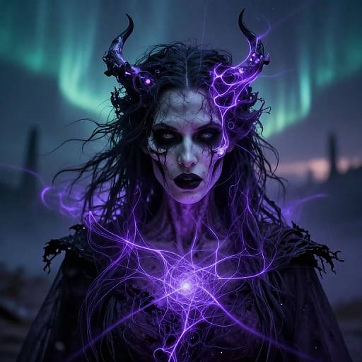 Digital artwork of a ghostly, pale-skinned woman with black makeup, glowing purple lightning, and twisted black horns, set against a northern lights backdrop