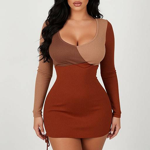 Photograph of a woman with long black hair wearing a tight, ribbed, long-sleeve, two-tone brown mini dress with a deep V