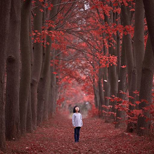 Child Alone on Crimson Forest Path