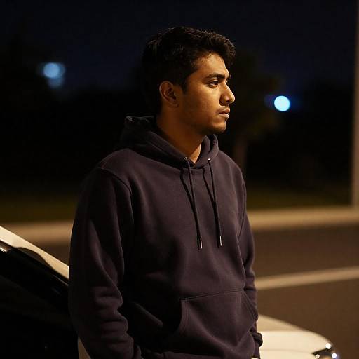 Man in Hoodie Standing by Car at Night