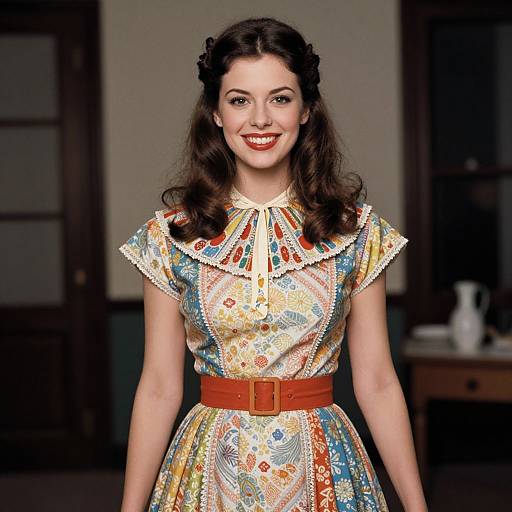 Photograph of a smiling woman with dark, wavy hair, wearing a colorful, floral-patterned 1940s-style dress with a brown belt