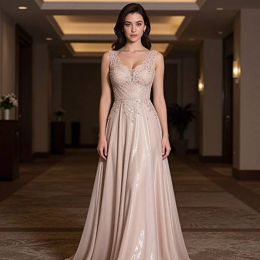 Photograph of a dark-haired woman in a sleeveless, lace-embellished, pale pink ball gown, standing in a dimly lit,