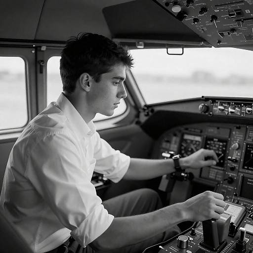 Young Pilot at Aircraft Control Panel