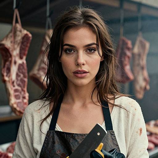 Photograph of a young woman with wet, dark brown hair, wearing a white cardigan and black apron, holding a knife, standing in a