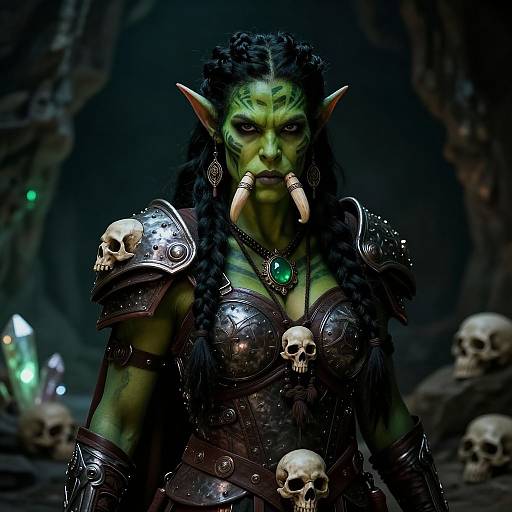 Digital fantasy artwork of a green-skinned, braided-haired orc woman with pointed ears, wearing dark armor adorned with skulls, holding a skull in her