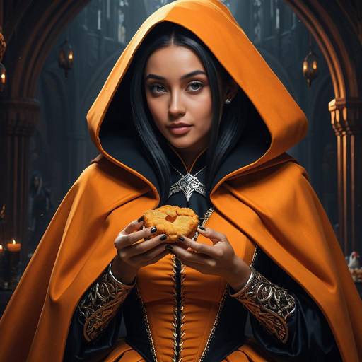 Fantasy Sorceress in Orange Cloak Holding Chicken Nugget