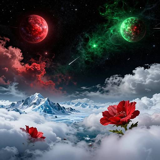 Digital artwork: Red flowers in a snowy mountain landscape under a dark sky with red and green planets, shooting stars, and vibrant clouds.