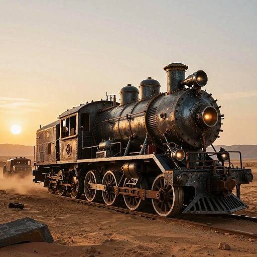 Steampunk Armored Locomotive at Sunset
