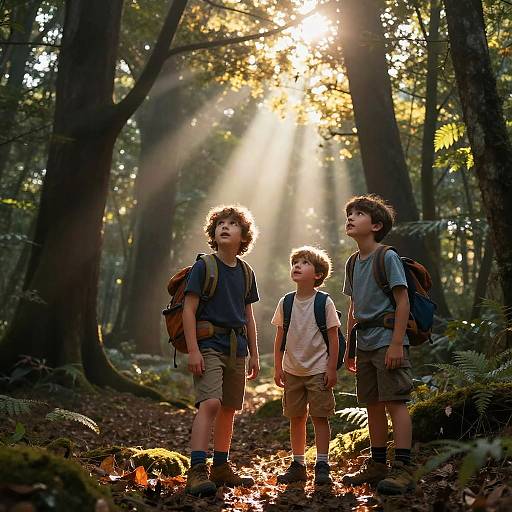 Children Exploring Mystical Forest at Dawn