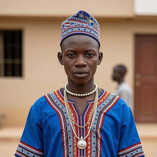 Photograph of a young African woman with dark skin, wearing a blue traditional dress with red and white patterns, beaded necklace, and matching headwrap