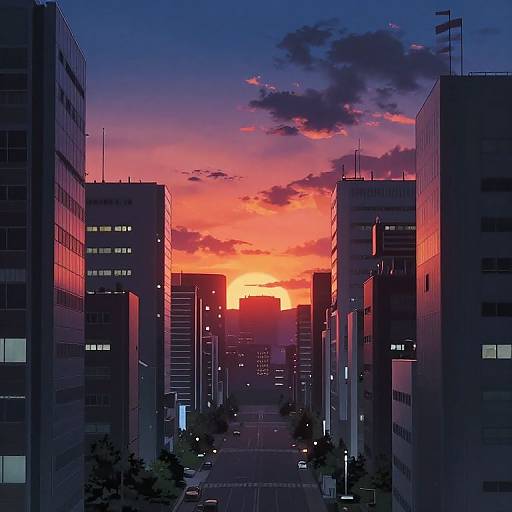 Cyberpunk Japanese City Sunset View