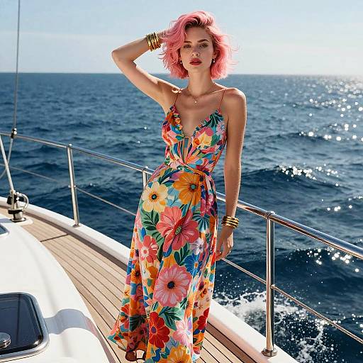 Photograph of a pink-haired woman in a colorful floral sundress standing on a yacht deck, with sunlit ocean waves behind.