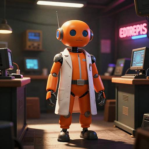 Cyberpunk Robot in Electronics Shop