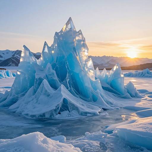 Photograph of towering, crystalline ice formations illuminated by a golden sunset, with a clear sky and reflective icy water.