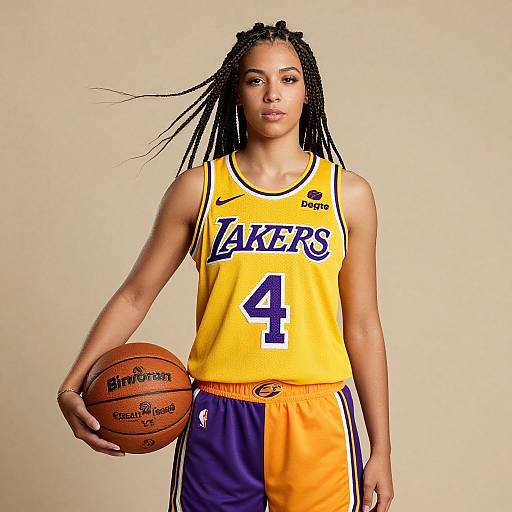 Photograph of a young Black woman with long braided hair, wearing a yellow and purple LA Lakers basketball jersey, holding a Spalding basketball,