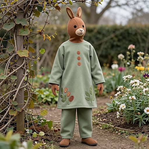 Photograph of a child-sized, brown bunny mask wearing a green dress with embroidered flowers, standing in a colorful garden path.