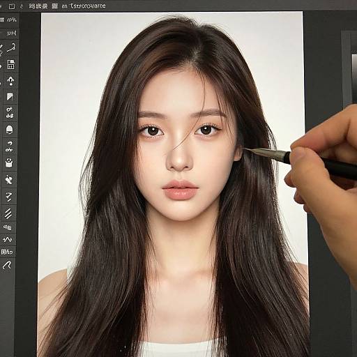 Digital portrait of an Asian woman with long black hair, fair skin, and neutral expression, being subtly touched by a hand with scissors on the right.